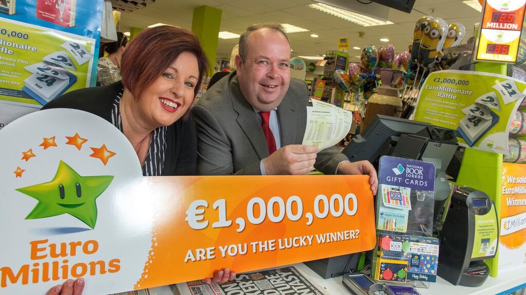 Eason employees Martina Walsh and Kieran Tuohy who sold the winning €1m EuroMillions EuroMillionaire raffle ticket on February 23rd. Photograph: Michael Mac Sweeney/Provision