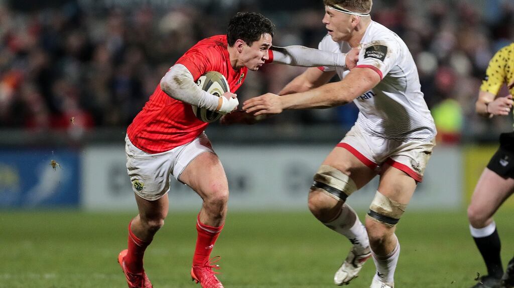 Joey Carbery in action for Munster against Ulster at the Kingspan stadium in Belfast. Photograph: Laszlo Geczo/Inpho