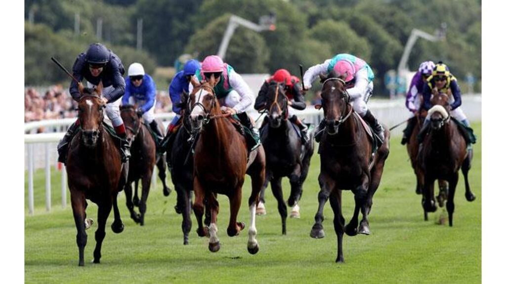 Johnny Murtagh (left) strikes late on Rip Van Winkle to claim the Juddmonte International Stakes at York this afternoon. Photograph: Ross Kinnaird/Getty Images