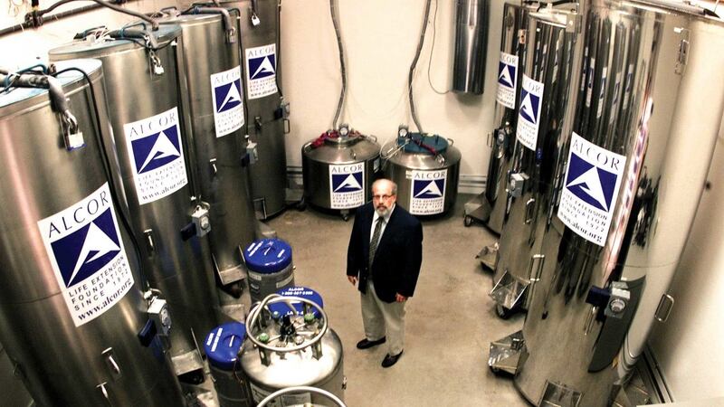 File photograph of Jerry Lemler , former president of Alcor Life Extension Institute in Scottsdale, Arizona, with some of the company’s cryogenic chambers. Photograph: Getty