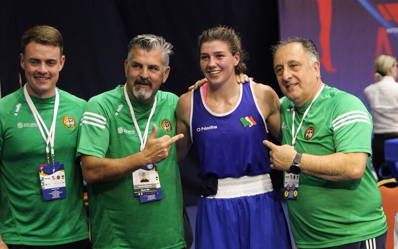 Aoife O’Rourke celebrates with coaches Eoin Pluck, John Conlan and Zaur Antia at the Women's European Boxing Championships. Photograph: INPHO/Aleksandar Djorovic