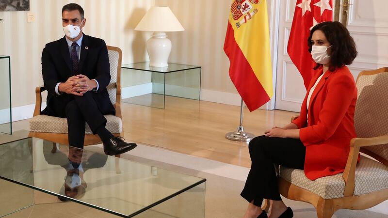 Span’s prime minister Pedro Sánchez with Madrid regional president Isabel Díaz Ayuso  prior to  emergency talks on Monday on the resurgence of coronavirus infections in the Spanish capital. Photograph: Fernando Calvo/AFP via Getty Images