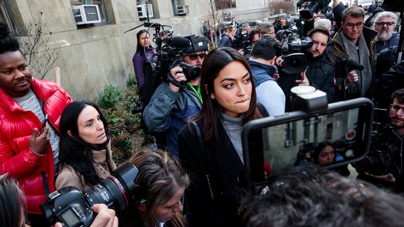 The model Ambra Battillana Gutierrez speaks to reporters outside US state supreme court in Manhattan after Harvey Weinstein’s conviction of rape and sexual assault. File Photograph: Sarah Blesener/The New York Times)