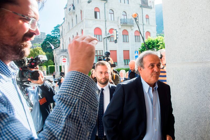 Michel Platini arrives at the Swiss Federal Criminal Court in Bellinzona. Photograph: Alessandro Crinari/AP