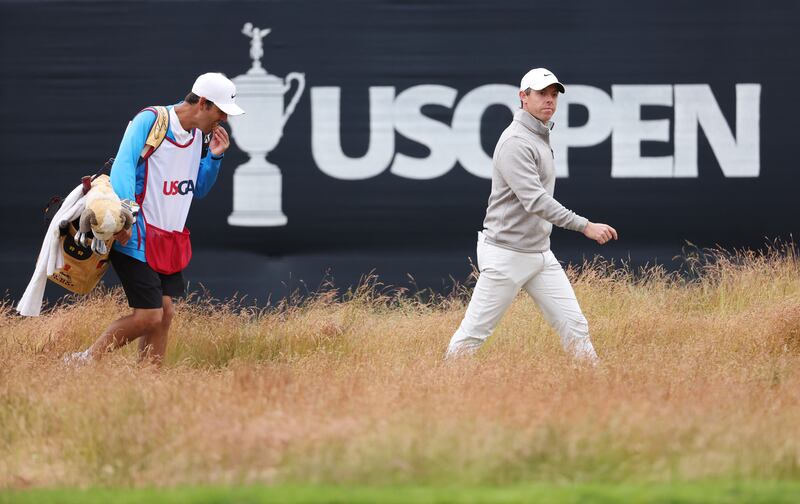 Rory McIlroy and caddie Harry Diamond on the 14th hole during the final round of the 122nd US Open at Brookline, Massachusetts. Photograph: