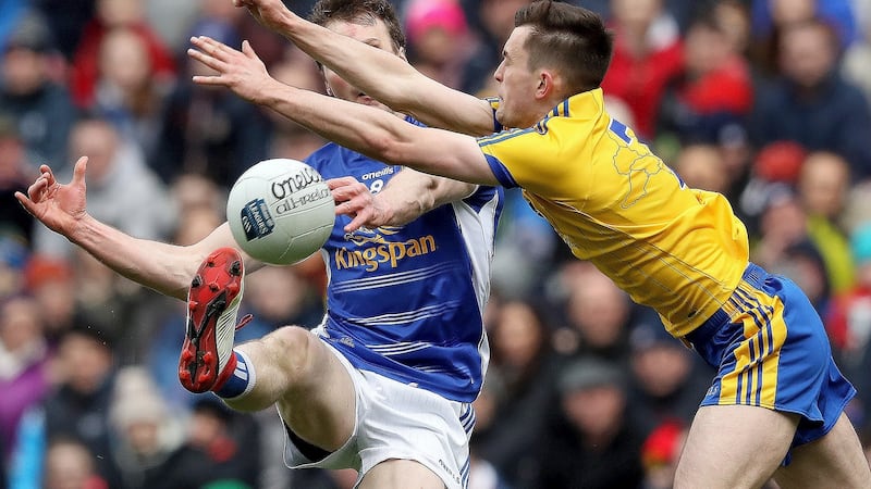 Roscommon’s Brian Stack attempts to block Cavan’s Gearóid McKiernan during the Allianz League Division Two final at Croke Park. Photograph: Bryan Keane/Inpho
