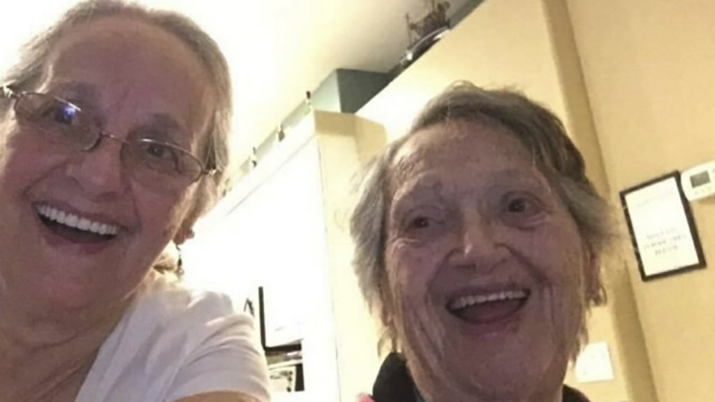 A photo provided by Connie Moultroup of herself, left, and her mother, Genevieve Purinton, after they were reunited after nearly 70 years.