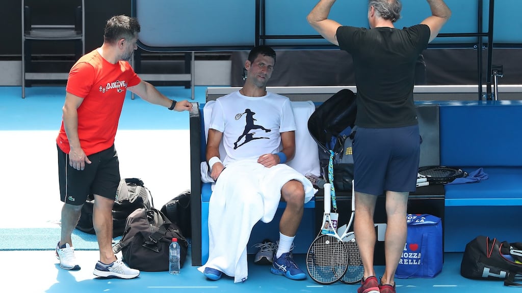 Novak Djokovic of Serbia during a practice session ahead of the Australian Open, at Melbourne Park in Melbourne. Photograph: Kelly Defina/Pool/EPA