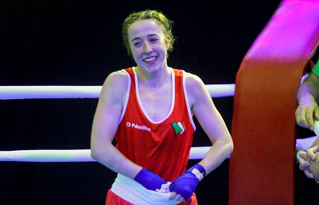 Ireland’s Shannon Sweeney celebrates after beating Slovakia's Nicole Durikova in the 48kg quarter-finals at the Women's European Boxing Championships in Budva, Montenegro. Photograph: Aleksandar Djorovic/Inpho