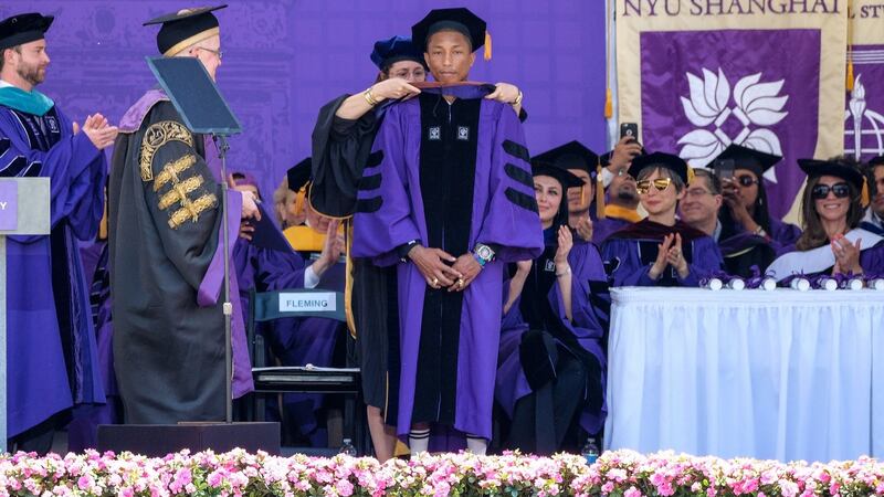 Pharrell Williams during the NYU 2017 commencement on May 17th. Photograph: Getty Images