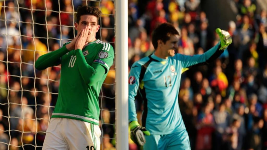 Northern Ireland’s Kyle Lafferty after failing to score agaings Romanian goalkeeper Ciprian Tatarusanu at Windsor Park on Saturday. Photograph: Reuters