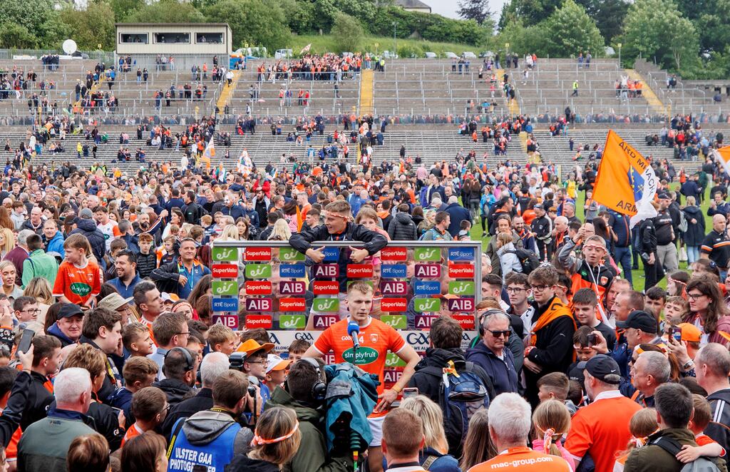 Armagh talisman Rian O'Neill is interviewed after the victory over Donegal at Clones. McGeeney's side now have serious momentum but their next opponents Galway too will feel they can target a place in the All-Ireland final. Photograph: James Crombie/Inpho