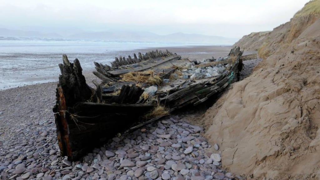 The wreck of The Sunbeam at Rossbeigh Strand in Co. Kerry which had been embedded in the sand for 111 years but this week’s storm propelled the 84-tonne wreck about half a kilometre away. Photograph: Don MacMonagle