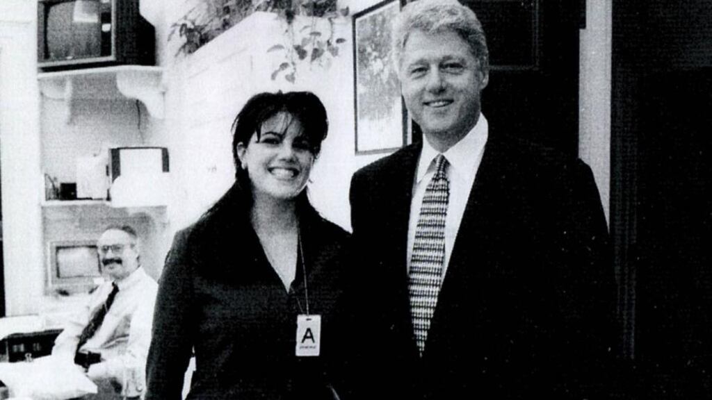 A photograph showing former White House intern Monica Lewinsky meeting President Bill Clinton at a White House function in the 1990s