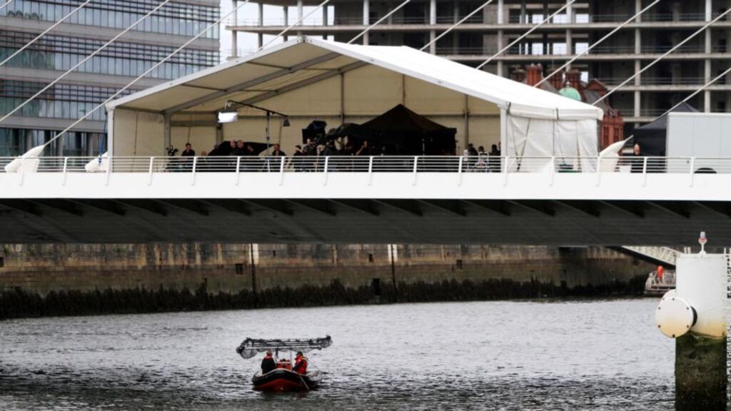 Samuel Beckett Bridge: While some sources suggested that the band was behind the bridge’s closure, others said it had been closed because an ad was being filmed there for either a popular brand of chocolate or a somewhat well known stout. Photograph: Nick Bradshaw