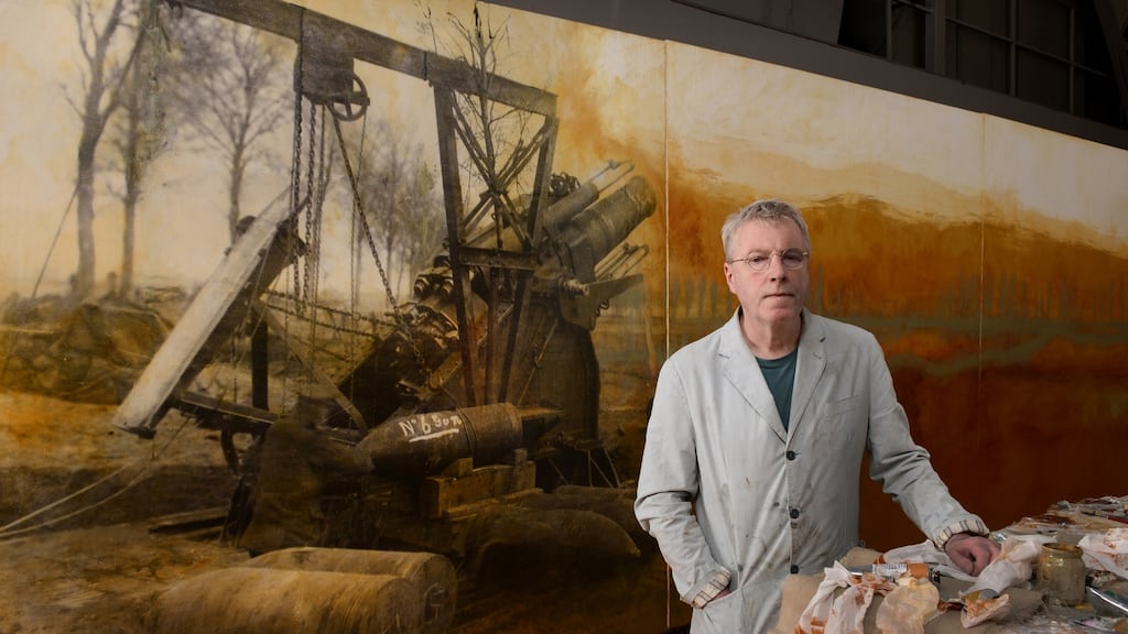 The artist Hugh O’Donoghue in front of an epic new painting The Wasteland (8ft x 24ft), which features in a major new exhibition of work commissioned by the Galway International Arts Festival. Photograph: Colin Crisford