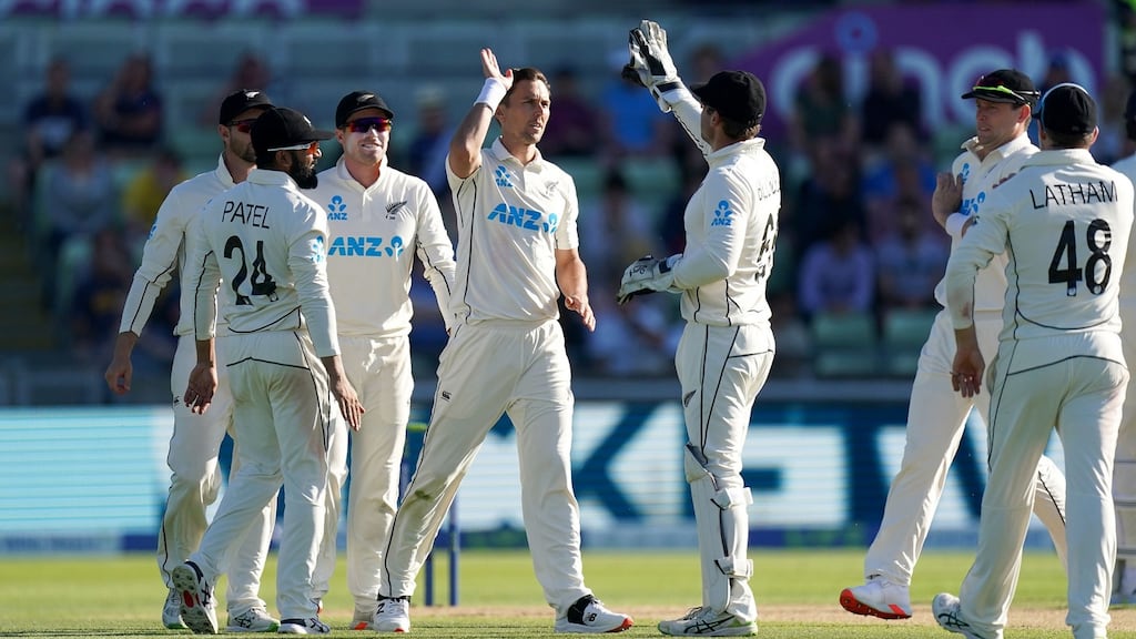 New Zealand’s Trent Boult (centre) celebrates taking the wicket of England’s Stuart Broad during the Test match at Edgbaston. Photo: Mike Egerton/PA Wire