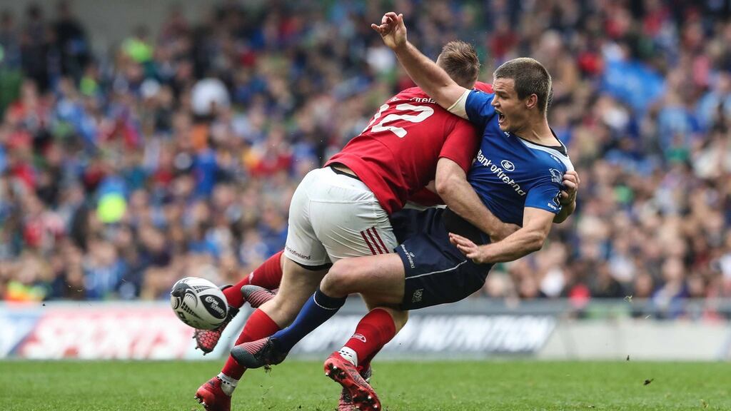 Leinster’s Jonathan Sexton is tackled by Munster’s Rory Scannell at the Aviva Stadium earlier this month. Photograph: Billy Stickland/Inpho