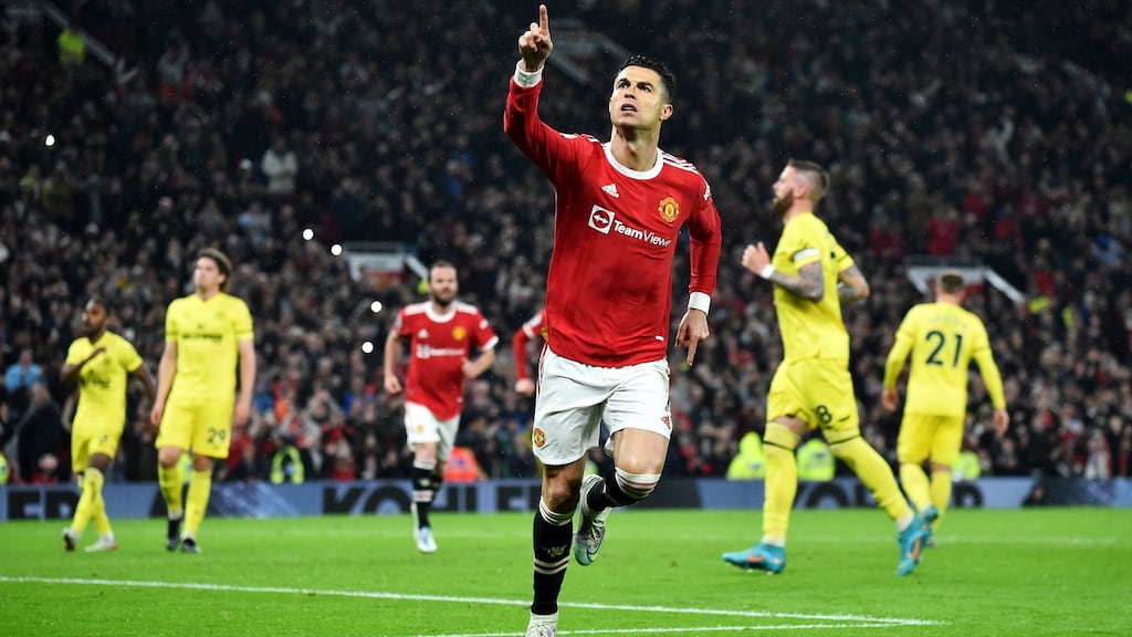 Cristiano Ronaldo celebrates after his penalty put Manchester United 2-0 up against Brentford at Old Trafford. Photograph: Peter Powell/EPA.