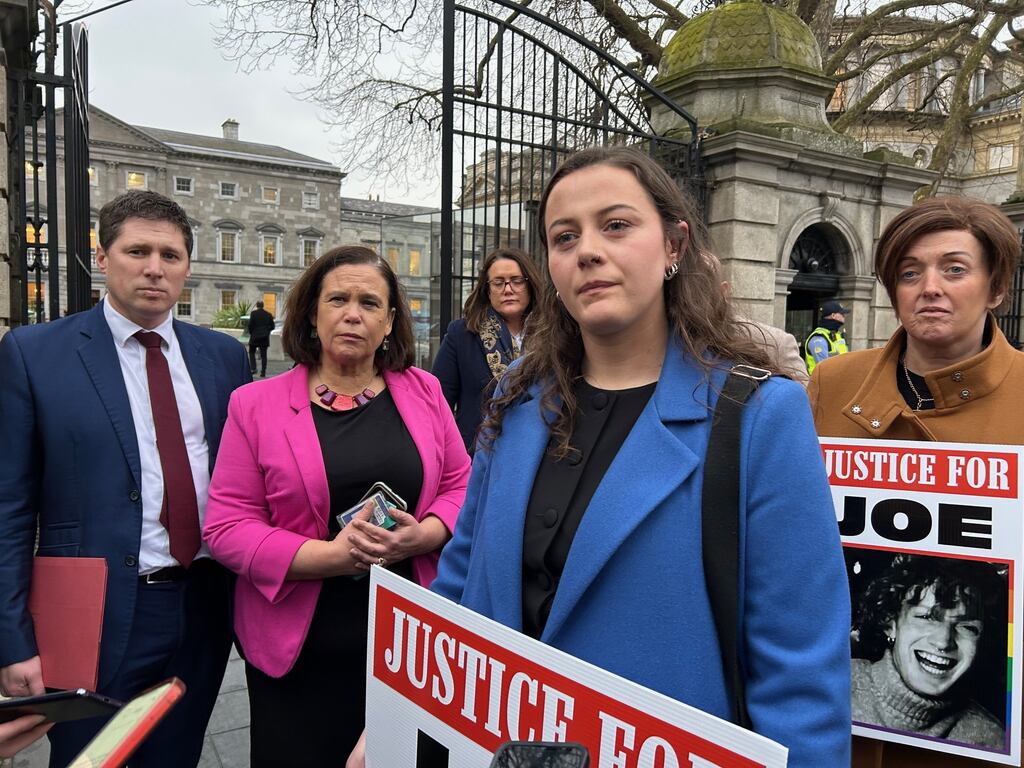 From left: Matt Carthy and Mary Lou McDonald of Sinn Féin with Joe Drennan's sister Sarah Drennan and his mother Marguerite Drennan outside Leinster House. Photograph: Cillian Sherlock/PA Wire