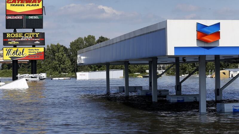A petrol station submerged under flood waters from Tropical Storm Harvey in Rose City, Texas. Photograph: Jonathan Bachman/Reuters