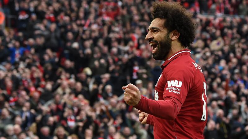 Mohamed Salah celebrates Liverpool’s winner against Spurs. Photograph: Paul Ellis/AFP/Getty