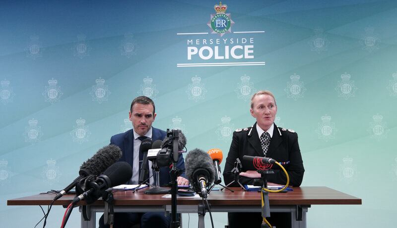 Senior officers Mark Kameen and Serena Kennedy of Merseyside Police speak to the media about the fatal shooting of nine-year-old Olivia Pratt-Korbel. Photograph: Peter Byrne/PA Wire