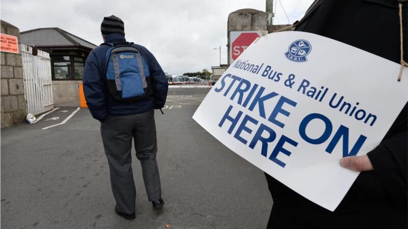 National Bus & Rail Union, (NBRU) members picket the Bus Eireann depot in Broadstone, Dublin today.  Photograph: Dara Mac Dónaill / The Irish Times