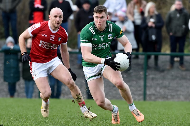 Ronan McCaffrey of Fermanagh and Brian O’Driscoll of Cork in their Allianz Football League Division 2 clash at St Joseph’s Park, Ederney, Fermanagh in February. Photograph: ©INPHO/Andrew Paton