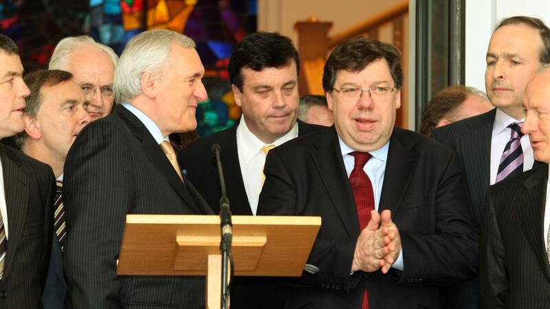 Taoiseach Bertie Ahern joking with Tánaiste Brian Cowen at Government Buildings on April 2nd, 2008. Photograph: Frank Miller