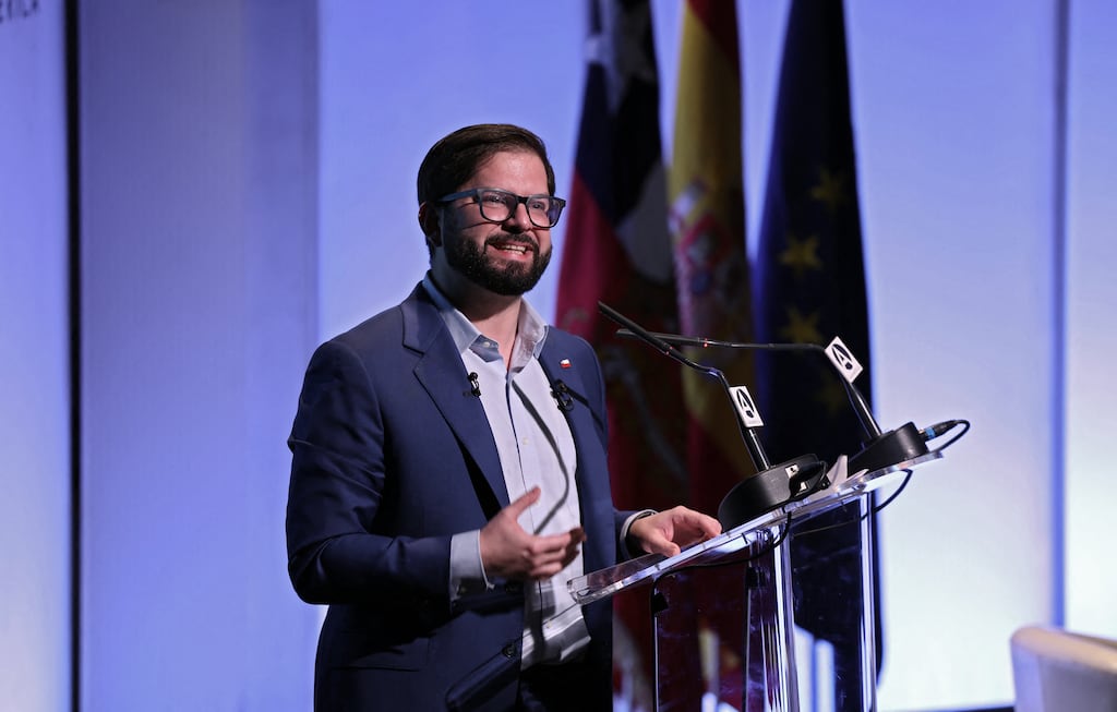 Chilean president Gabriel Boric in Madrid last week, before travelling to Brussels for the summit. Talks on updating the  trade agreement between the EU and Chile look certain to be discussed (Photo by Thomas Coex / AFP)