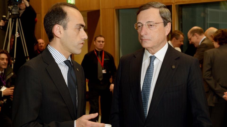 Cyprus finance minister Harris Georgiades talking with President of the European Centeal Bank Mario Draghi at the opening of the ECOFIN meeting in Dublin Castle. Photograph: David Sleator/The Irish Times