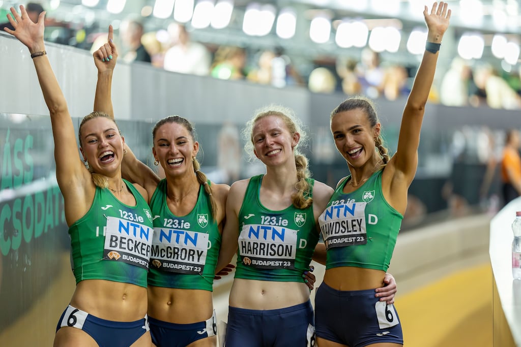 The Irish women’s 4x400m team of Sophie Becker, Kelly McGrory, Roisin Harrison and Sharlene Mawdsley celebrate qualifying for tomorrow night’s final. Photograph: Morgan Treacy/Inpho
