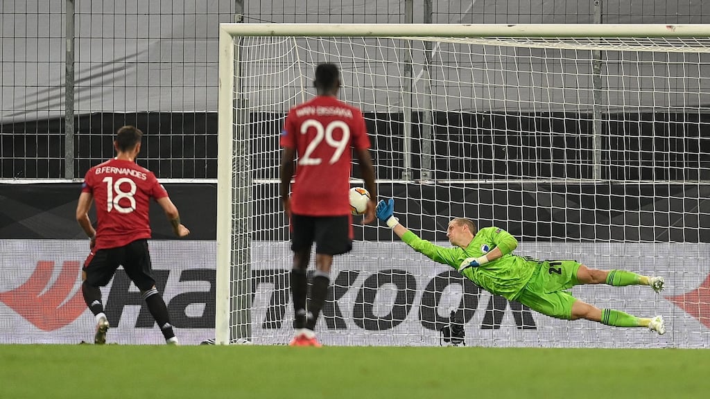 Manchester United’s Bruno Fernandes scores a penalty during the Europa League quarter-final win over Copenhagen at the RheinEnergieStadion stadium in Cologne. Photo: Sascha Steinbach/POOL/AFP via Getty Images