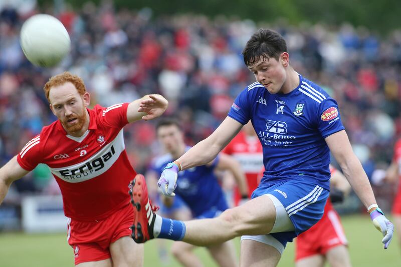 Monaghan's Gary Mohan and Derry's Conor Glass in action during the championship clash at Celtic Park, Derry. Photograph: Lorcan Doherty/Inpho