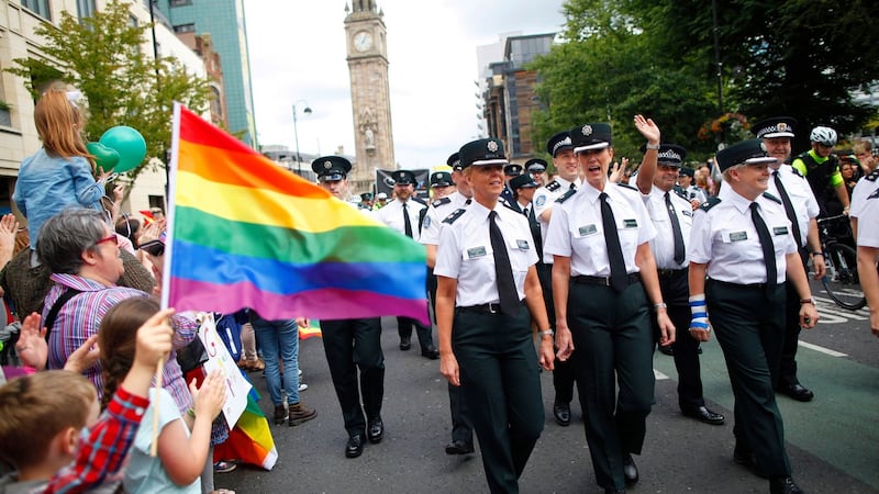 Belfast Pride: PSNI and Garda members wear their uniforms in the parade for the first time. Photograph: Peter Morrison/PA