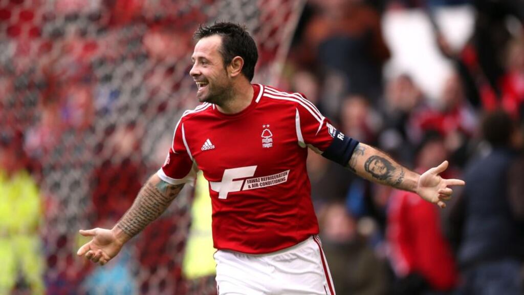 Andy Reid celebrates scoring Forest’s fifth goal at the City Ground yesterday. Photograph: John walton/PA.