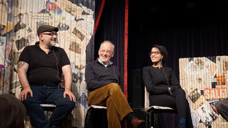 Peter Antonioni, Patrick Honohan, Mehreen Khan at the Kilkenny festival. Photograph: Alina Kisina
