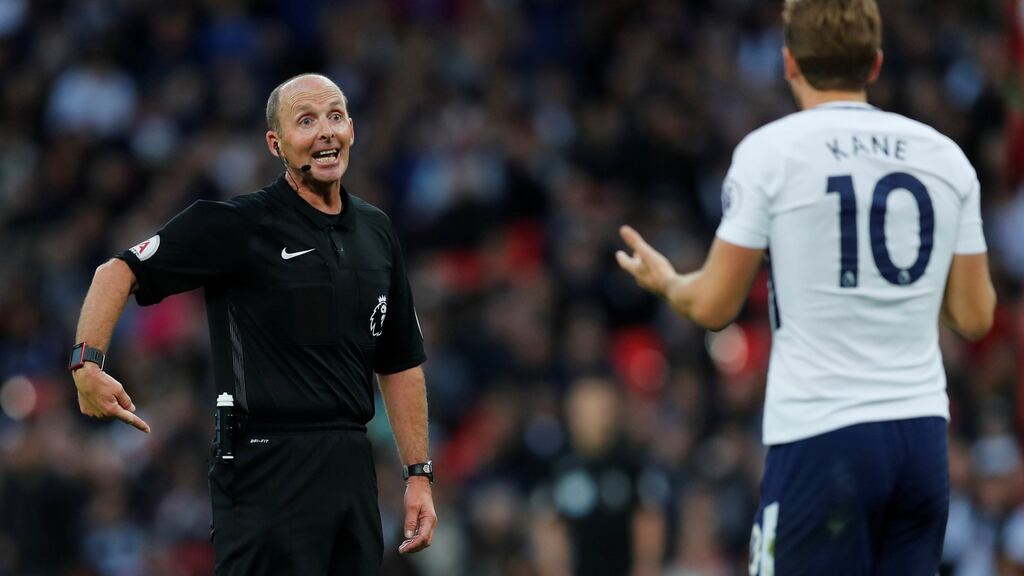 Tottenham’s Harry Kane appeals to referee Mike Dean for a penalty. Photograph: Eddie Keogh/Reuters
