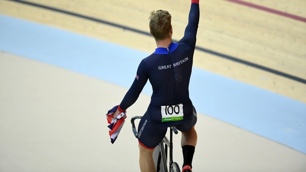 Philip Hindes of Britain celebrates after winning gold in Rio de Janeiro. Photograph: David Ramos/Getty Images