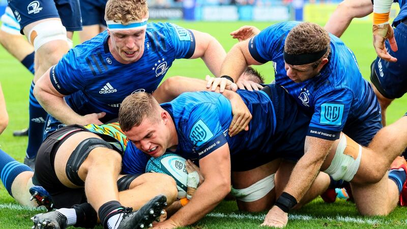 Leinster’s Scott Penny scores a try during the United Rugby Championship match against Zebre at the RDS. Photograph: Billy Stickland/Inpho