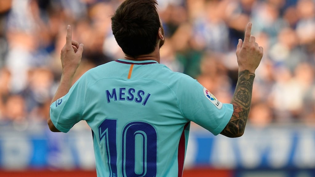 Barcelona’s Lionel Messi celebrates scoring against Alaves. Photograph: Reuters
