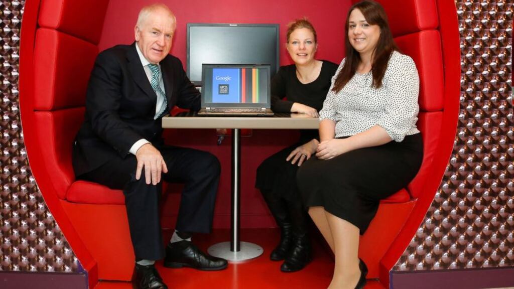 Jimmy Deenihan, Minister for the Arts, with Niamh Honer and Niamh Byrne of the Civic Theatre, Tallaght, at the Google HQ, Barrow Street, Dublin. Photograph: Tony Maxwell