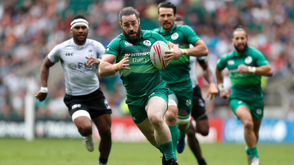 Ireland’s Mick McGrath on the way to scoring a try during the quarter-final match against Fiji at the HSBC London Sevens at Twickenham. Photograph: Luke Walker/Getty Images