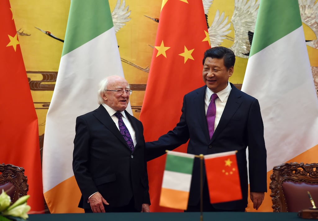 President Michael D Higgins and Chinese president Xi Jinping in Beijing's Great Hall of the People in 2014. Photograph: Greg Baker/Pool/Getty Images