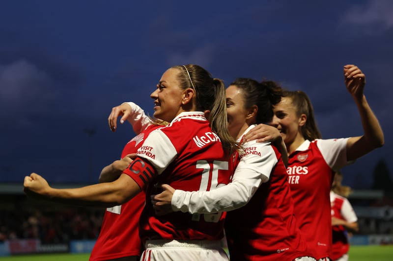Katie McCabe of Arsenal celebrates a goal against Leicester City in the FA Women's Super League. She netted the Premier League goal of the season against Manchester City. Photograph: Catherine Ivill/Getty Images