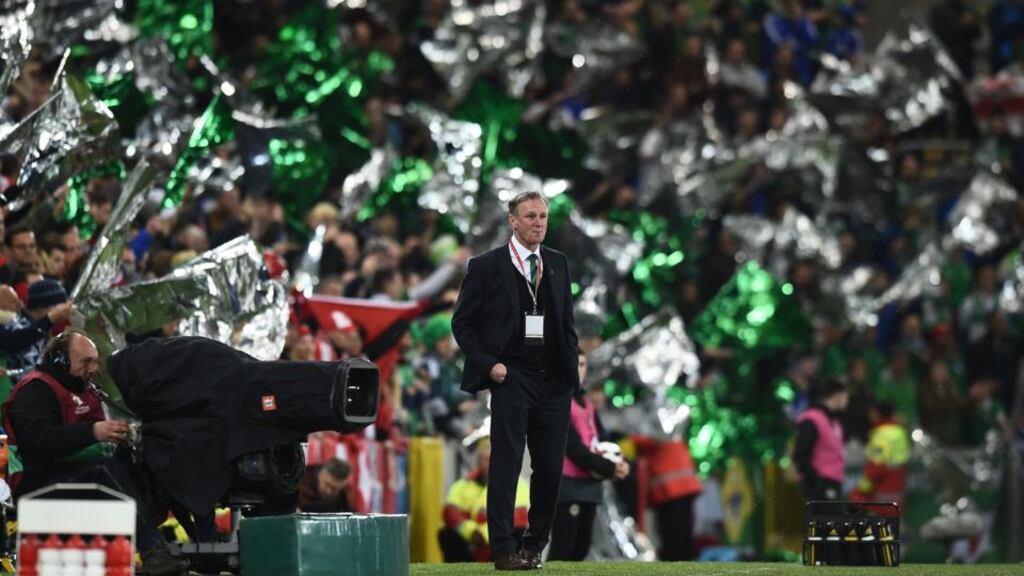 Northern Ireland manager Michael O’Neill during the play-off first leg against Switzerland at Windsor Park. Photograph: Charles McQuillan/Getty Images