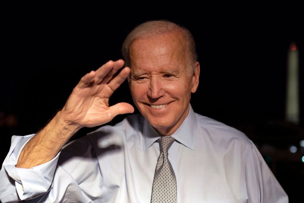 US president Joe Biden arrives at the White House after participating in a rally in Maryland on the eve of midterm elections, in Washington, DC. Photograph: Will Oliver/EPA