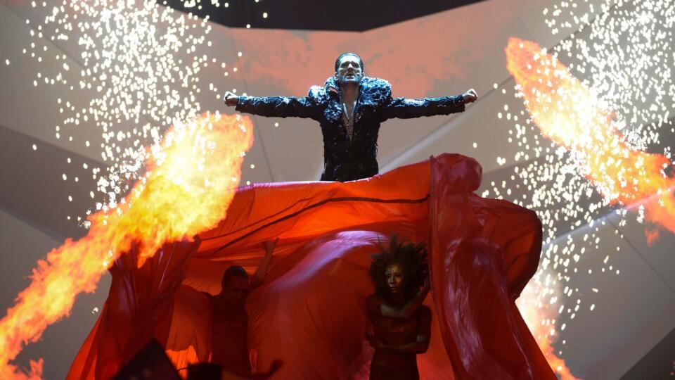 Cezar of Romania performs It’s My Life during the Eurovision Song Contest final in Malmo. Photograph: Reuters/Jessica Gow/Scanpix Sweden