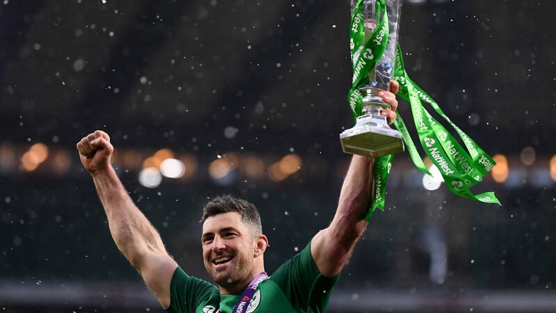 Rob Kearney celebrates with The Six Nations trophy as Ireland beat England at Twickenham in 2018. Photograph: Laurence Griffiths/Getty
